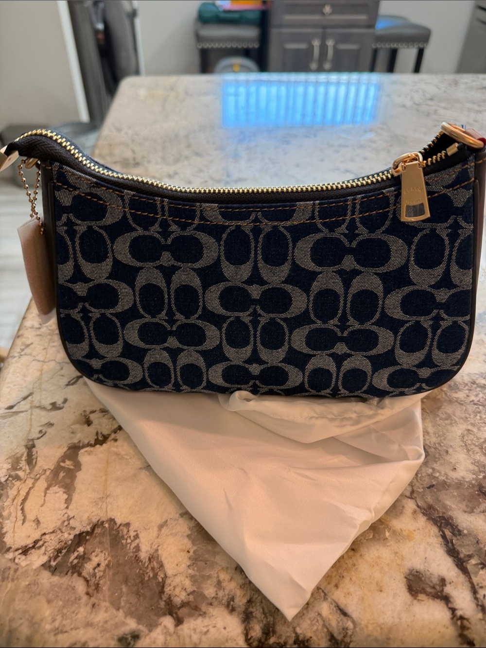 Coach Navy Logo Jacquard Mini Shoulder Bag with Tan Strap - Picture 2 of 5